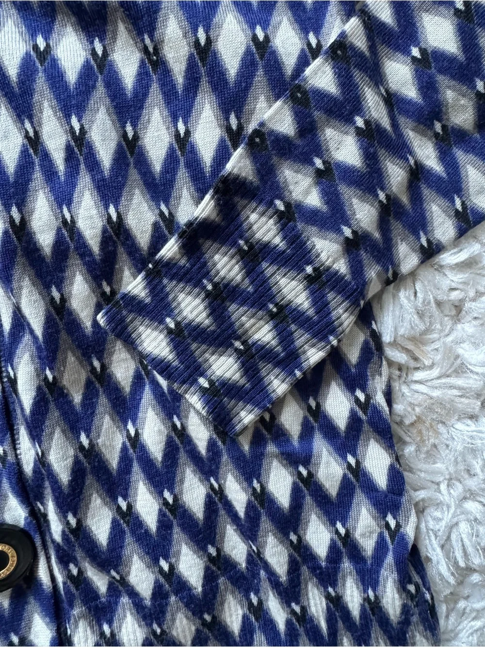 Tory Burch Navy and Cream Diamond Wool Knit Button Cardigan